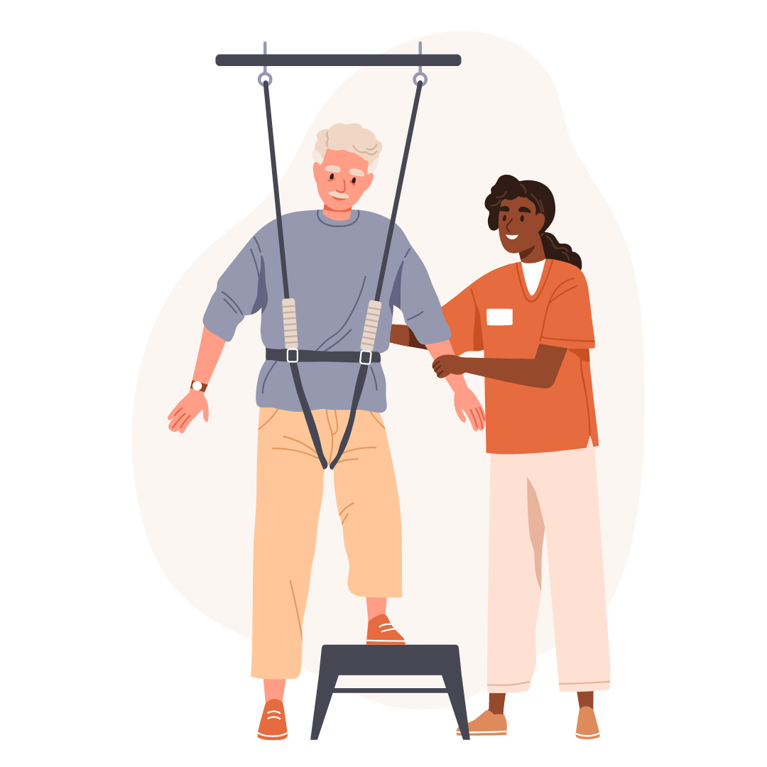 Illustration eines physiotherapeutisch begleiteten Gangtrainings im Schlingensystem.